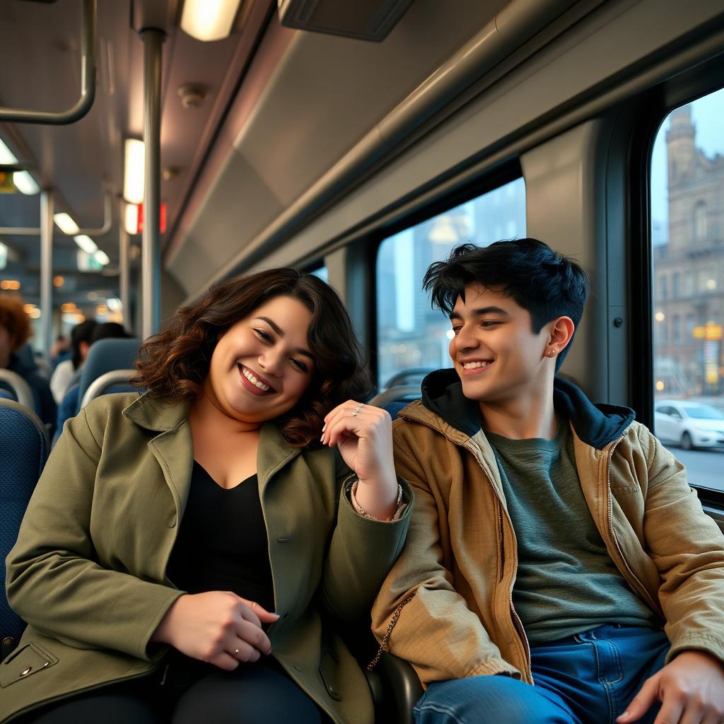 A curvy brunette woman, a stylish milf, seated on a bus heading to another city, with a young man who has black hair sitting next to her