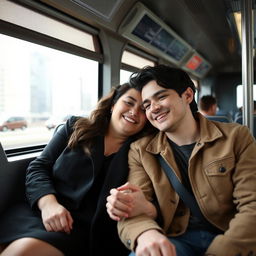 A curvy brunette woman, a stylish milf, seated on a bus heading to another city, with a young man who has black hair sitting next to her