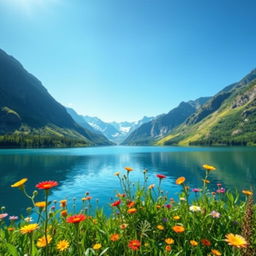 A computer-generated image of a serene landscape featuring a tranquil lake surrounded by mountains under a clear blue sky