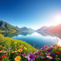 A computer-generated image of a serene landscape featuring a tranquil lake surrounded by mountains under a clear blue sky