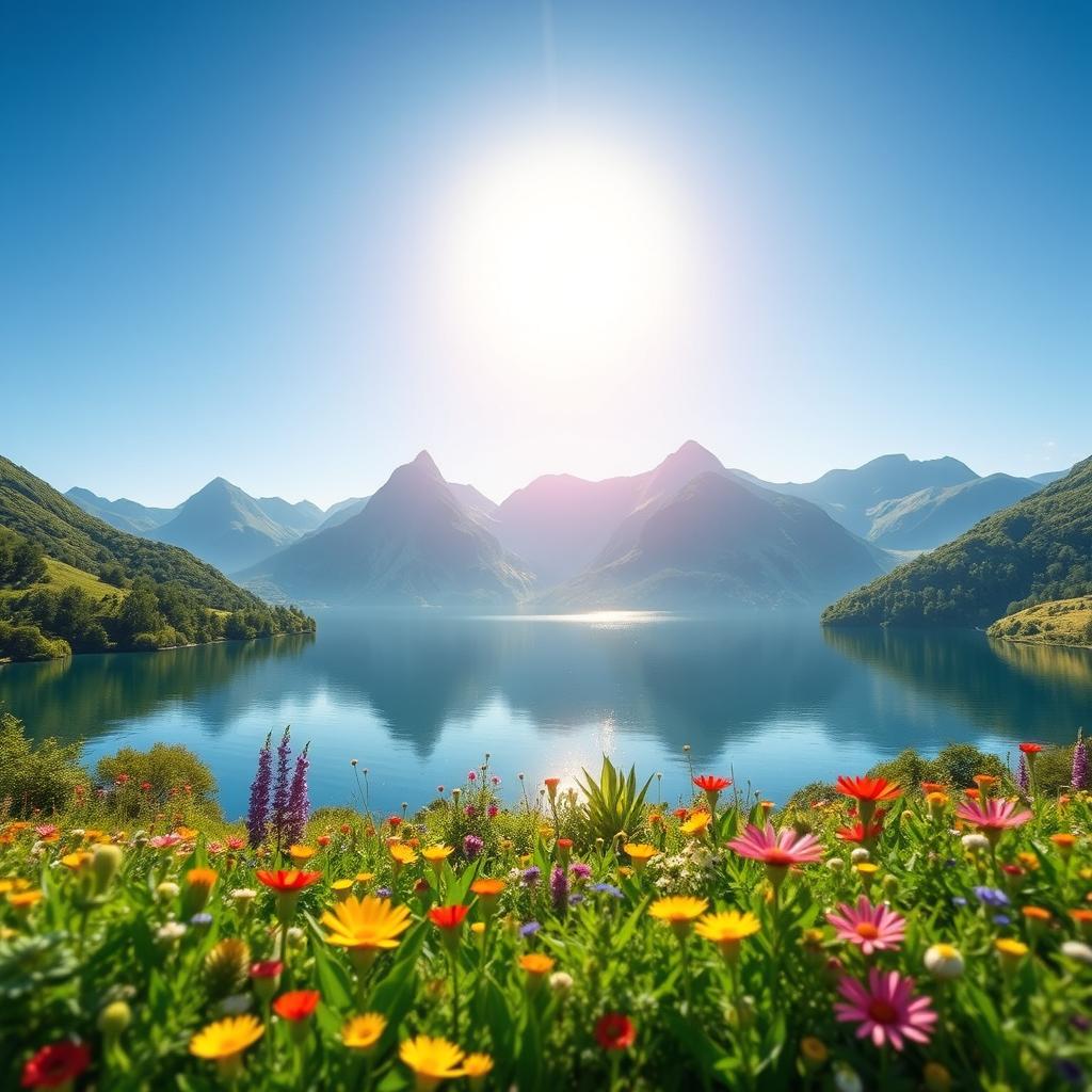 A computer-generated image of a serene landscape featuring a tranquil lake surrounded by mountains under a clear blue sky