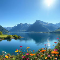 A computer-generated image of a serene landscape featuring a tranquil lake surrounded by mountains under a clear blue sky