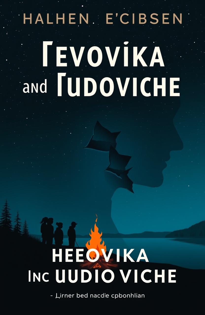 Minimalist book cover for 'Девочка и чудовище', depicting a fading campfire on the riverbank in the foreground, surrounded by silhouettes of teenagers to convey the atmosphere of the 1960s in Donbass