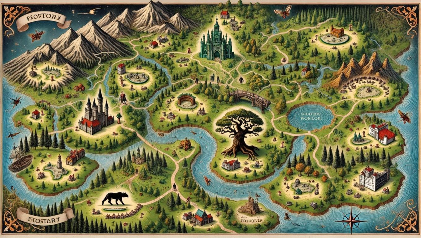 A beautifully illustrated fantasy map featuring various whimsical locations like mountains, forests, rivers, and castles