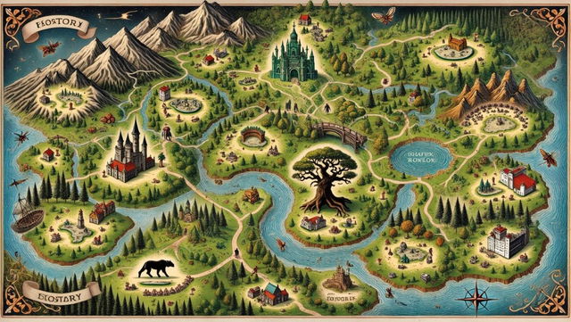 A beautifully illustrated fantasy map featuring various whimsical locations like mountains, forests, rivers, and castles
