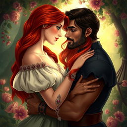 A romantic scene depicting a beautiful red-headed woman and a swarthy dark-haired man, both in human form, sharing an intimate embrace