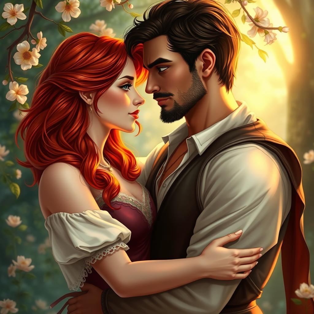 A romantic scene depicting a beautiful red-headed woman and a swarthy dark-haired man, both in human form, sharing an intimate embrace