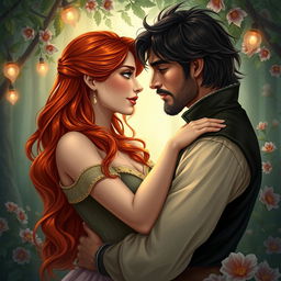 A romantic scene depicting a beautiful red-headed woman and a swarthy dark-haired man, both in human form, sharing an intimate embrace