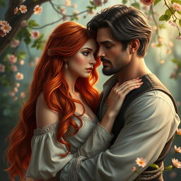 A romantic scene depicting a beautiful red-headed woman and a swarthy dark-haired man, both in human form, sharing an intimate embrace