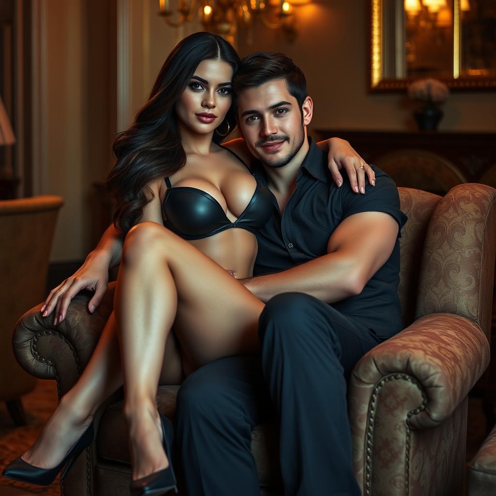 A sexy, curvy brunette milf sitting gracefully on the armrest of a plush armchair, exuding confidence and allure