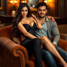 A sexy, curvy brunette milf sitting gracefully on the armrest of a plush armchair, exuding confidence and allure