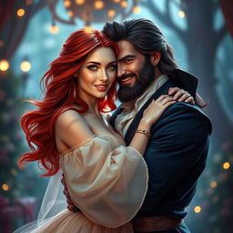 A beautiful, red-haired woman and a swarthy, dark-haired man in a tender embrace, embodying the characters of Beauty and the Beast in human form