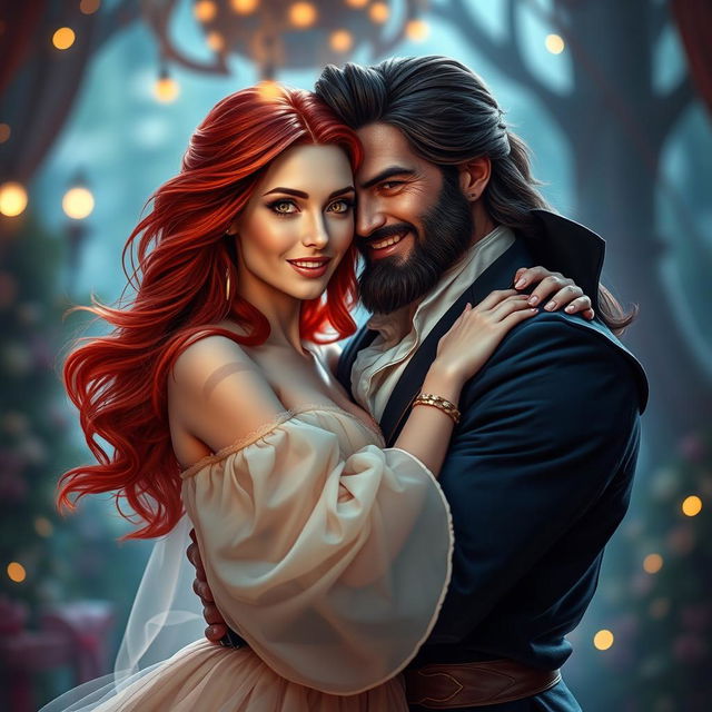 A beautiful, red-haired woman and a swarthy, dark-haired man in a tender embrace, embodying the characters of Beauty and the Beast in human form