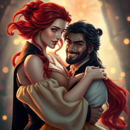 A beautiful, red-haired woman and a swarthy, dark-haired man in a tender embrace, embodying the characters of Beauty and the Beast in human form
