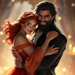 A beautiful, red-haired woman and a swarthy, dark-haired man in a tender embrace, embodying the characters of Beauty and the Beast in human form