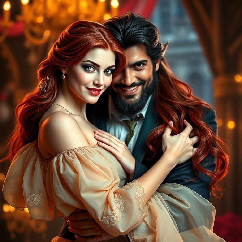 A beautiful, red-haired woman and a swarthy, dark-haired man in a tender embrace, embodying the characters of Beauty and the Beast in human form