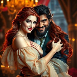 A beautiful, red-haired woman and a swarthy, dark-haired man in a tender embrace, embodying the characters of Beauty and the Beast in human form