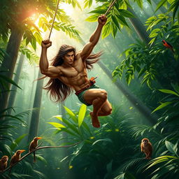 A dynamic and dramatic scene featuring a muscular Tarzan swinging through a lush green jungle, surrounded by tall trees and vibrant flora