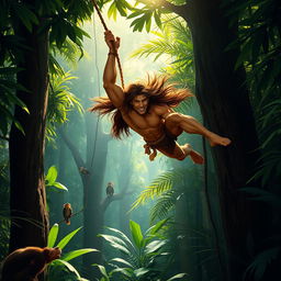A dynamic and dramatic scene featuring a muscular Tarzan swinging through a lush green jungle, surrounded by tall trees and vibrant flora