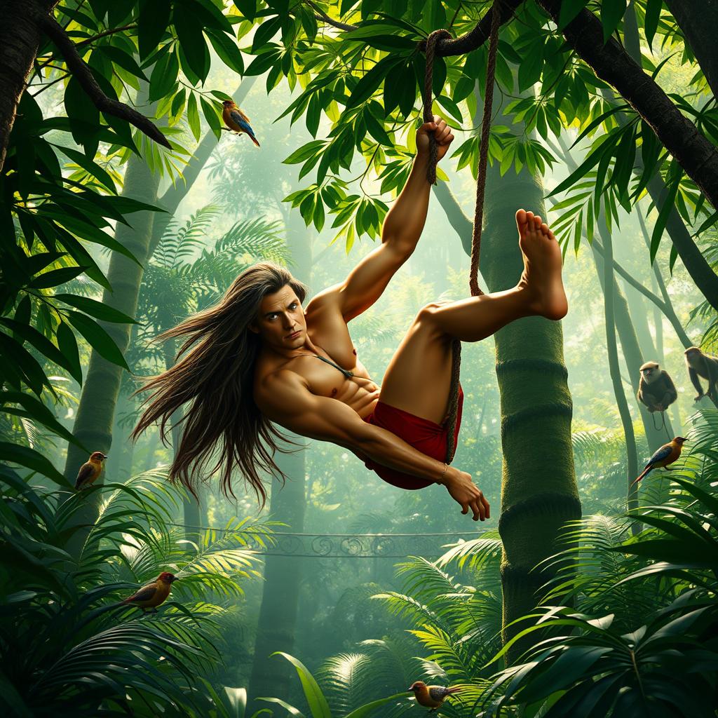A dynamic and dramatic scene featuring a muscular Tarzan swinging through a lush green jungle, surrounded by tall trees and vibrant flora