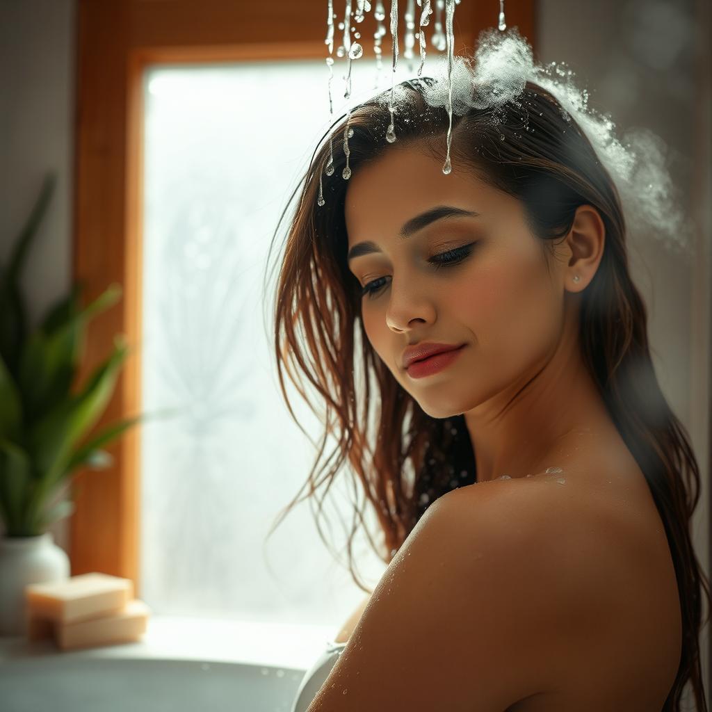 A woman enjoying a relaxing shower, with water cascading down her body