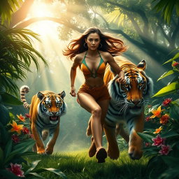 A breathtaking scene depicting a beautiful woman with flowing hair, wearing a vibrant, form-fitting outfit, sprinting through a lush jungle