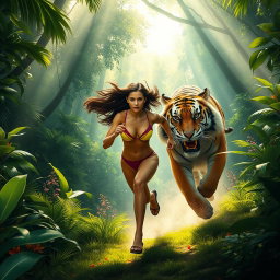 A breathtaking scene depicting a beautiful woman with flowing hair, wearing a vibrant, form-fitting outfit, sprinting through a lush jungle