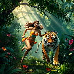 A breathtaking scene depicting a beautiful woman with flowing hair, wearing a vibrant, form-fitting outfit, sprinting through a lush jungle