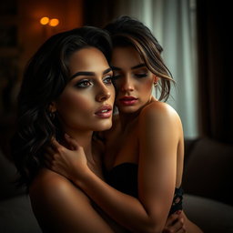 A sensual and intimate scene featuring a confident woman embracing her femininity