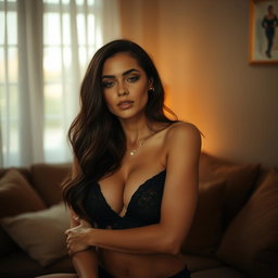 A sensual and intimate scene featuring a confident woman embracing her femininity