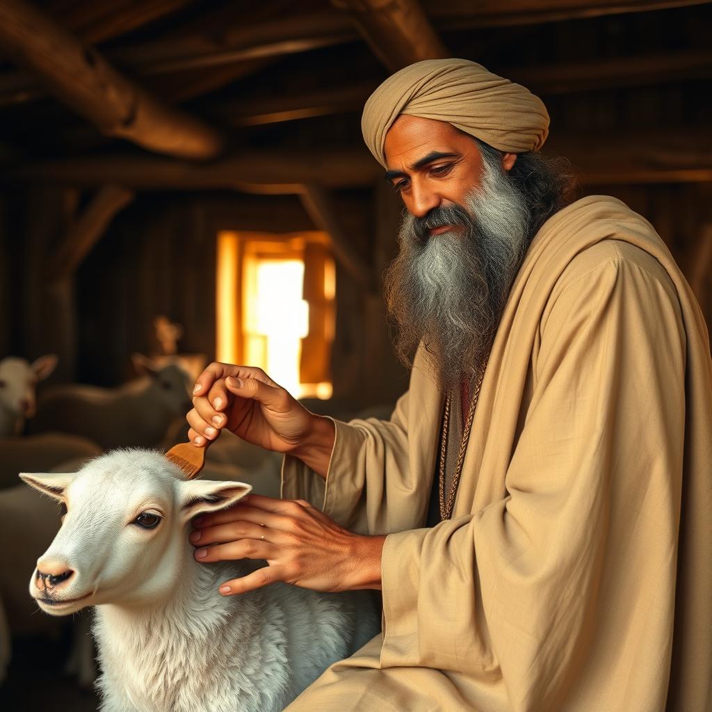 A man wearing a flowing robe, with a long beard and a turban, gently brushing the seat of a day-old animal on Noah's Ark