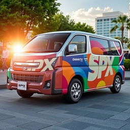 Daihatsu Grandmax prominently featuring bold and bright SPX branding, with vibrant colors and eye-catching graphics