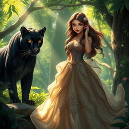 A stunningly beautiful princess, dressed in an elaborate, flowing gown with intricate details, stands in an enchanted forest