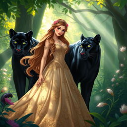 A stunningly beautiful princess, dressed in an elaborate, flowing gown with intricate details, stands in an enchanted forest