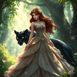 A stunningly beautiful princess, dressed in an elaborate, flowing gown with intricate details, stands in an enchanted forest