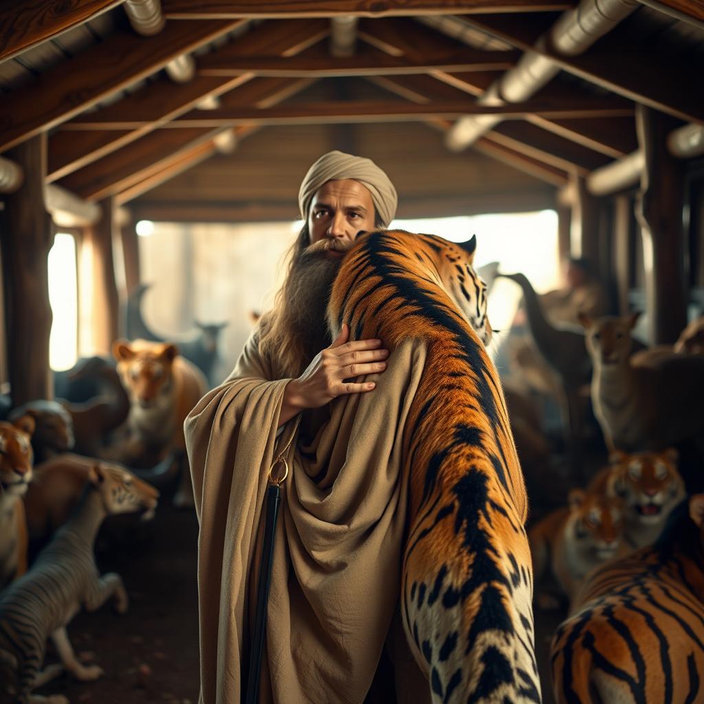 A man wearing a flowing robe, with a long beard and a turban, gently caressing the rear of a tiger while inside Noah's Ark