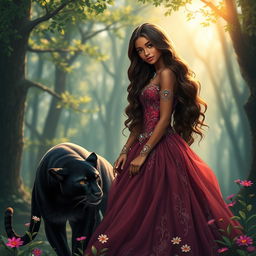 A stunning brown-skinned princess with long, wavy hair flowing gracefully down her back, stands in a magical forest