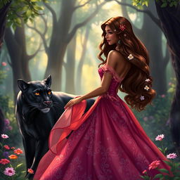 A stunning brown-skinned princess with long, wavy hair flowing gracefully down her back, stands in a magical forest