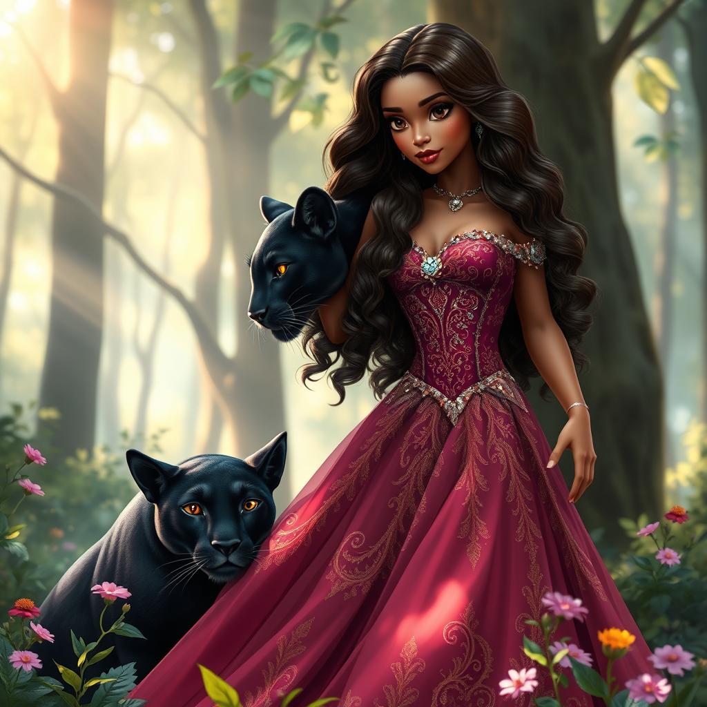A stunning brown-skinned princess with long, wavy hair flowing gracefully down her back, stands in a magical forest