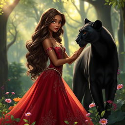 A stunning brown-skinned princess with long, wavy hair flowing gracefully down her back, stands in a magical forest