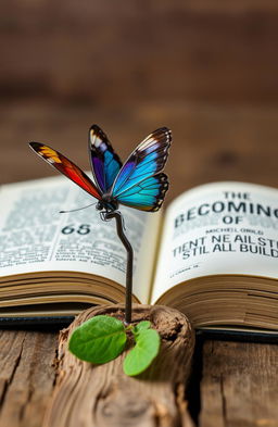 A beautifully detailed close-up image of a vibrant butterfly resting delicately on a bent nail embedded in a rustic piece of aged wood