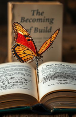 A beautifully detailed close-up image of a vibrant butterfly resting delicately on a bent nail embedded in a rustic piece of aged wood