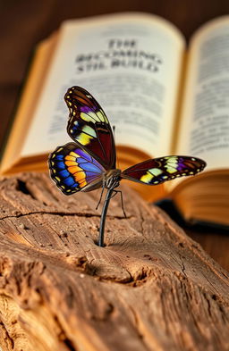 A beautifully detailed close-up image of a vibrant butterfly resting delicately on a bent nail embedded in a rustic piece of aged wood