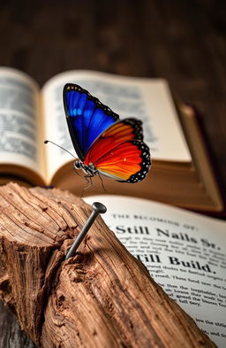 A beautifully detailed close-up image of a vibrant butterfly resting delicately on a bent nail embedded in a rustic piece of aged wood
