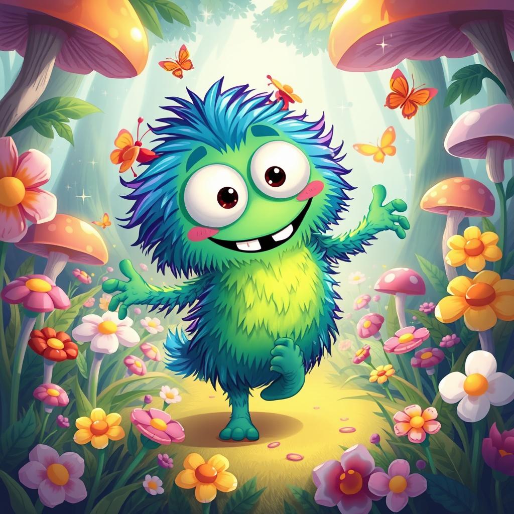 A fun and lively illustration of a whimsical creature named Garcho, who is a colorful, playful monster with big eyes, vibrant fur in shades of blue and green, and a goofy smile