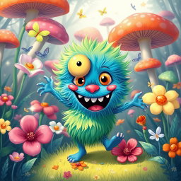 A fun and lively illustration of a whimsical creature named Garcho, who is a colorful, playful monster with big eyes, vibrant fur in shades of blue and green, and a goofy smile