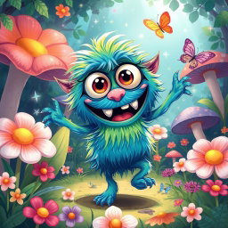A fun and lively illustration of a whimsical creature named Garcho, who is a colorful, playful monster with big eyes, vibrant fur in shades of blue and green, and a goofy smile