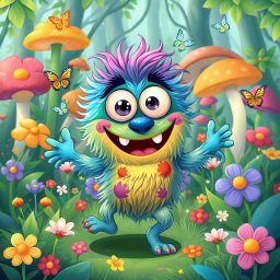 A fun and lively illustration of a whimsical creature named Garcho, who is a colorful, playful monster with big eyes, vibrant fur in shades of blue and green, and a goofy smile