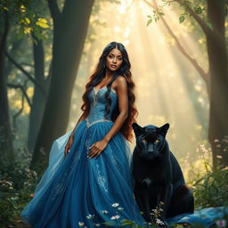 A captivating 20-year-old brown-skinned princess with long, wavy hair cascading elegantly down her shoulders stands in a magical forest