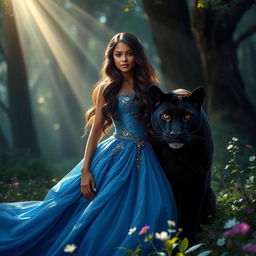 A captivating 20-year-old brown-skinned princess with long, wavy hair cascading elegantly down her shoulders stands in a magical forest